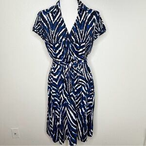 INC Blue & White Zebra Print Faux Wrap V-Neck Tied Waist Jersey Dress Size M EUC
